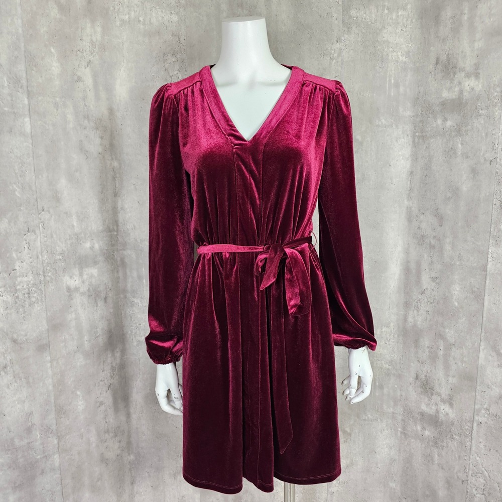 Draper James Womens S Wine Red Bishop L/S Belted Velvet Dress VNeck Mini Dress - Picture 2 of 10